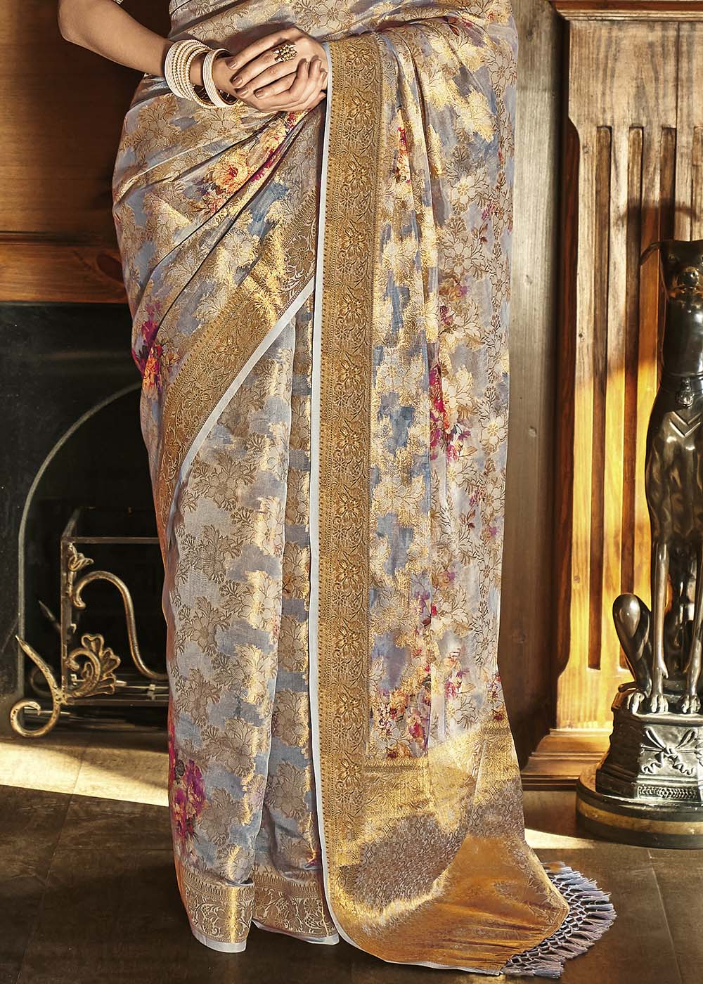 Buy MySilkLove Pale Grey Digital Printed Brasso Saree Online