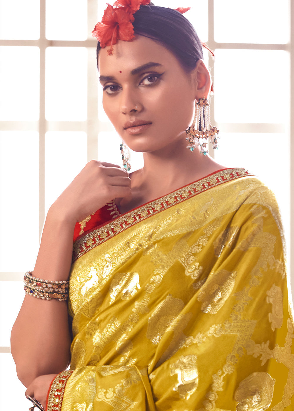 Buy MySilkLove Tree Yellow and Red Banarasi Saree with Designer Blouse Online