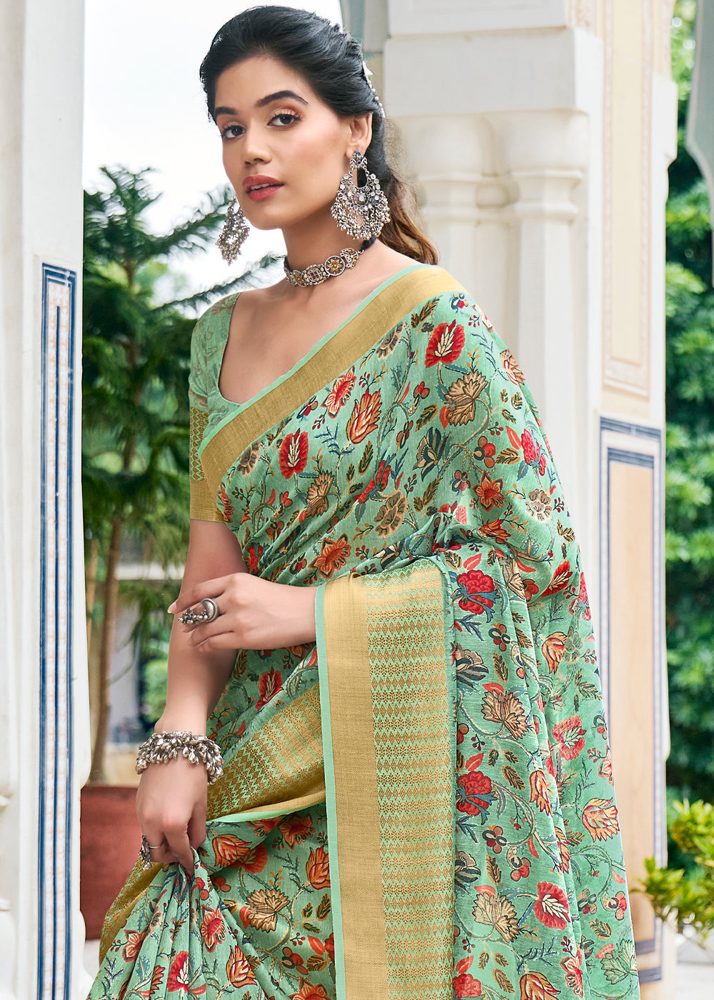 Buy MySilkLove Spring Rain Green Banarasi Printed Saree Online