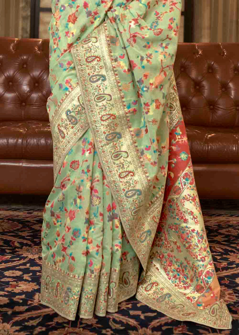 Pine Green Banarasi Jamawar Woven Silk Saree