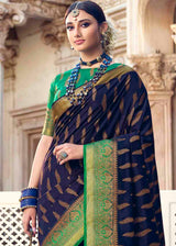 Martinique Blue and Green Zari Woven Banarasi Raw Silk Saree