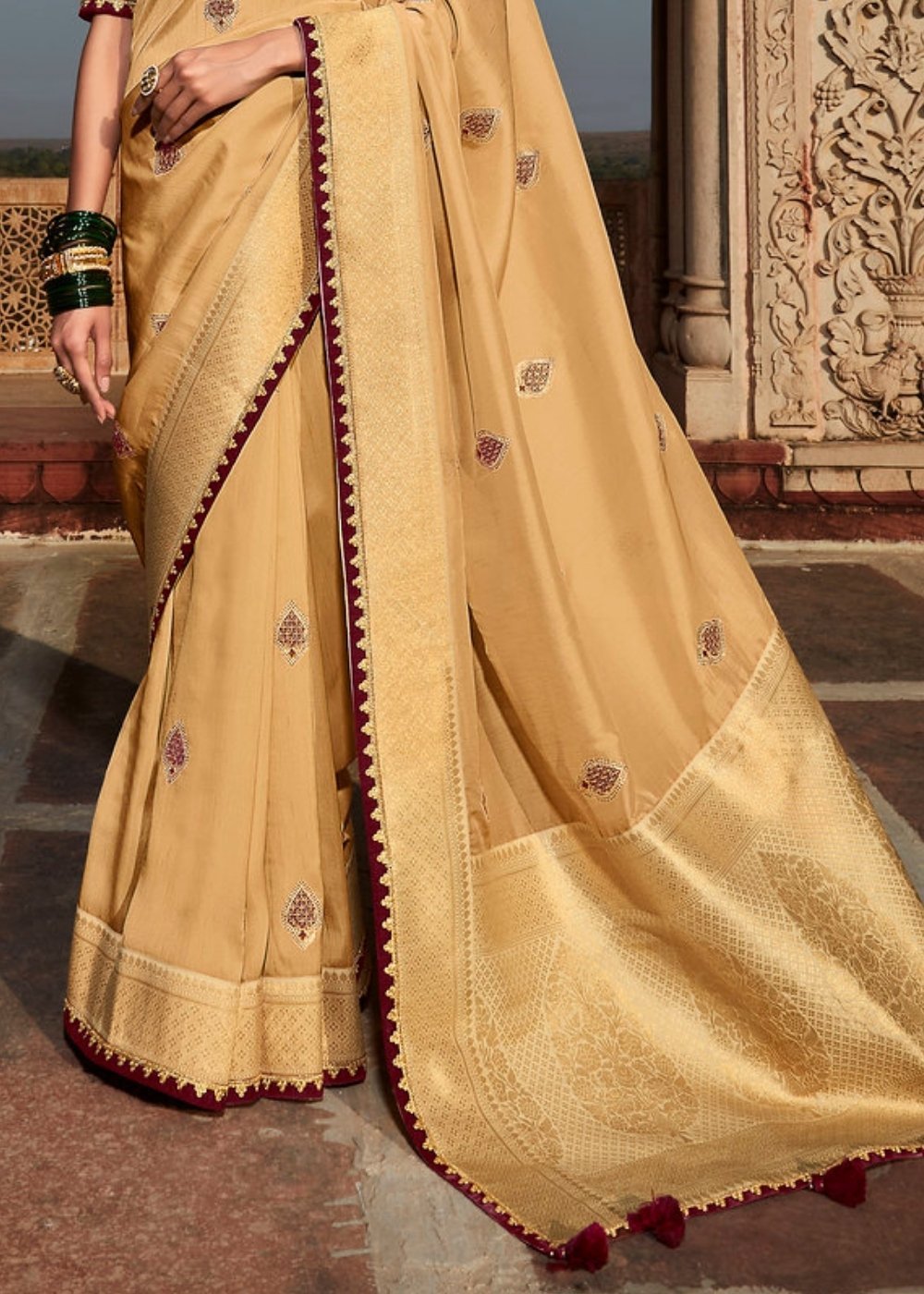 Buy MySilkLove Harvest Gold Cream and Red  Zari Woven Banarasi Silk Saree Online