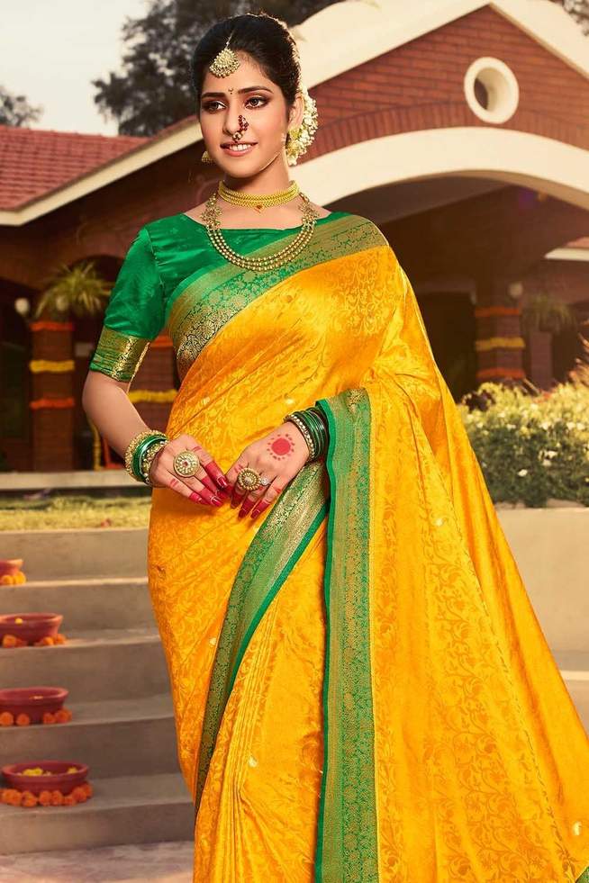 Buy MySilkLove Fuel Yellow Zari Woven Kanjivaram Saree Online