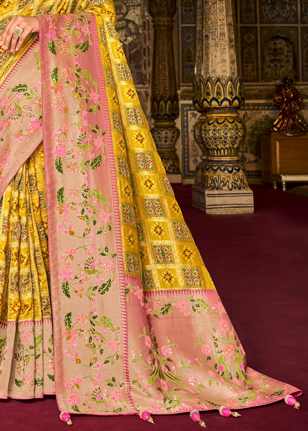 Buy MySilkLove Yellow and Pink Patola Handloom Dola Silk Saree With Embroidered Blouse Online