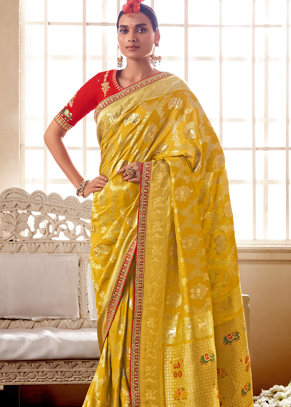 Buy MySilkLove Tree Yellow and Red Banarasi Saree with Designer Blouse Online