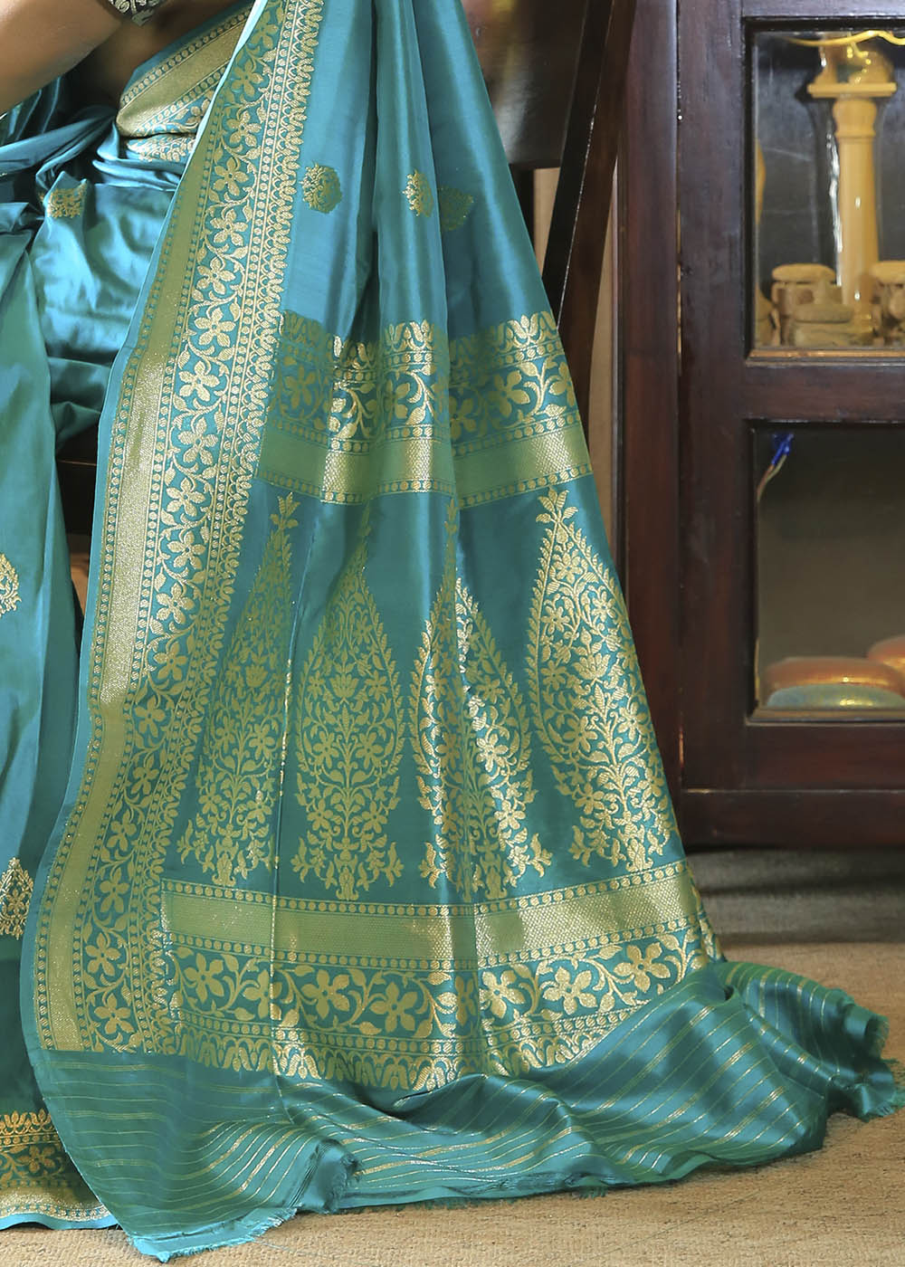 Buy MySilkLove Pearl Blue Katan Pure Silk Handwoven Booti Work Saree Online