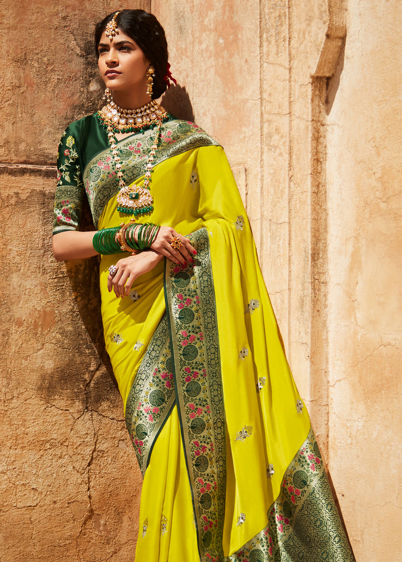 Sunflower Yellow and Green Zari Woven Designer Banarasi Saree