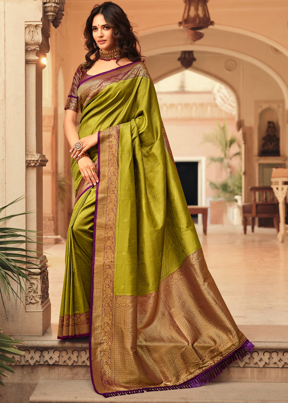 Buy MySilkLove Green and Purple Zari Woven Kanjivaram Saree Online