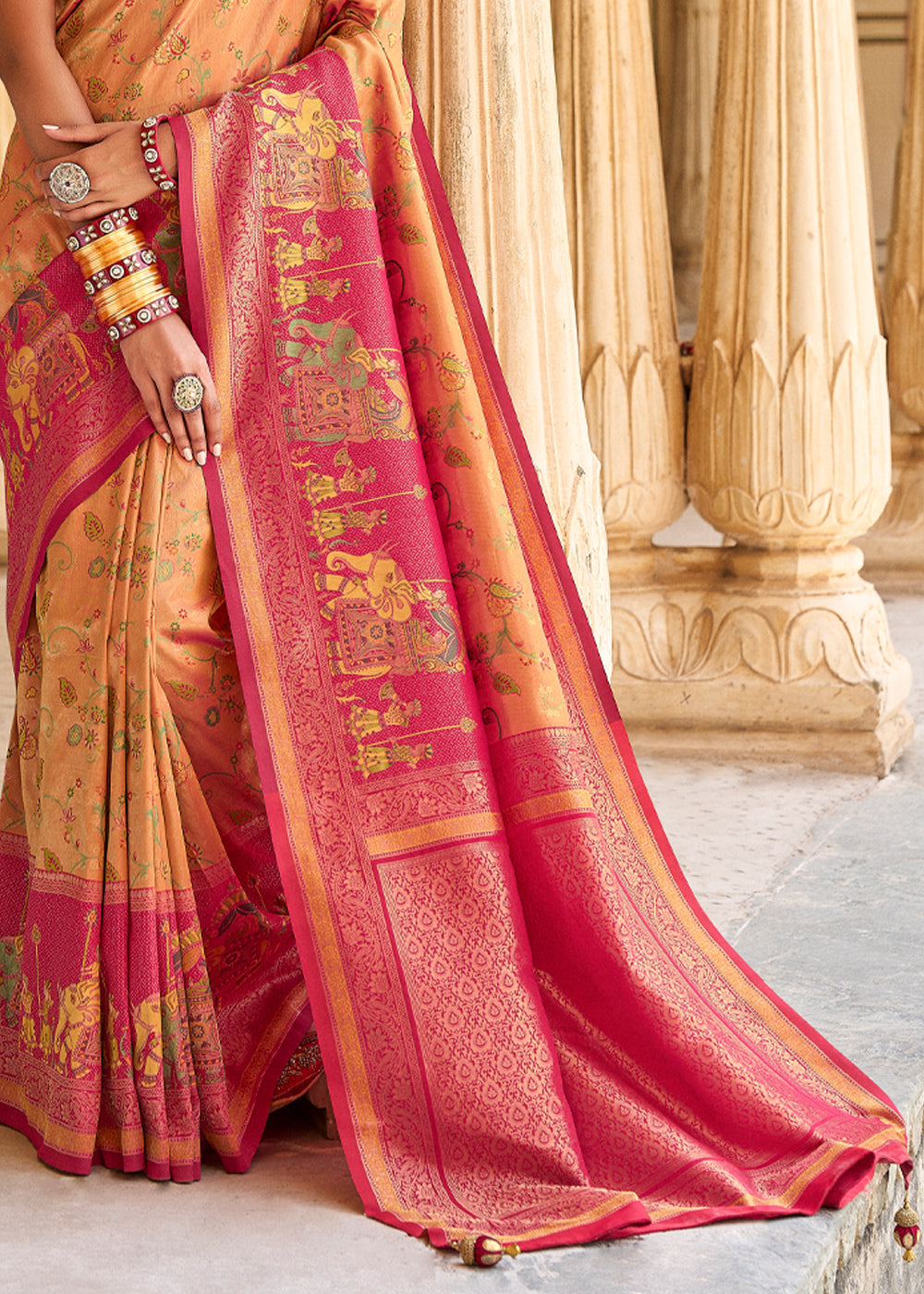 Buy MySilkLove Peach Orange and Red Designer Banarasi Saree Online