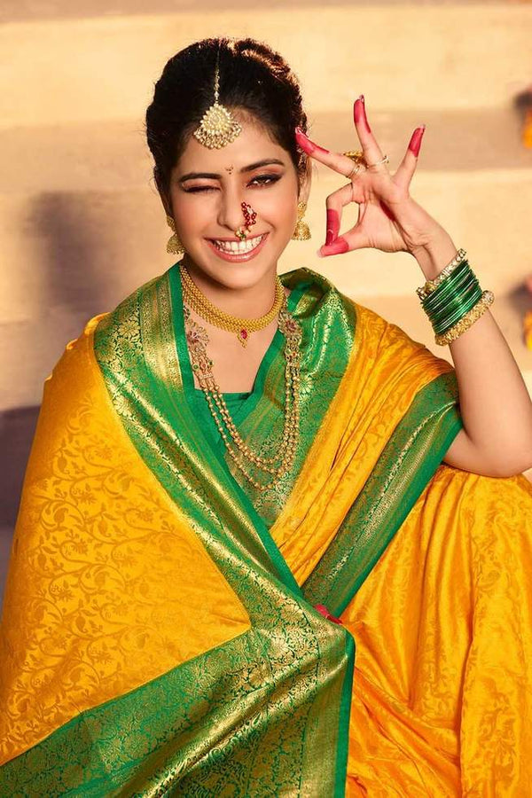 Party Wear Yellow Green Color Combination Art Silk Bandhej Saree with Blouse  1 – Fashion Clothing