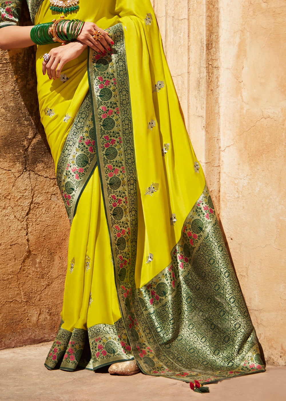 Buy MySilkLove Sunflower Yellow and Green Zari Woven Designer Banarasi Saree Online