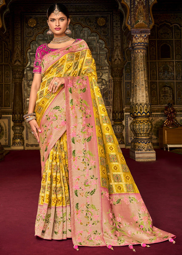 Yellow and Pink Patola Handloom Dola Silk Saree With Embroidered Blouse