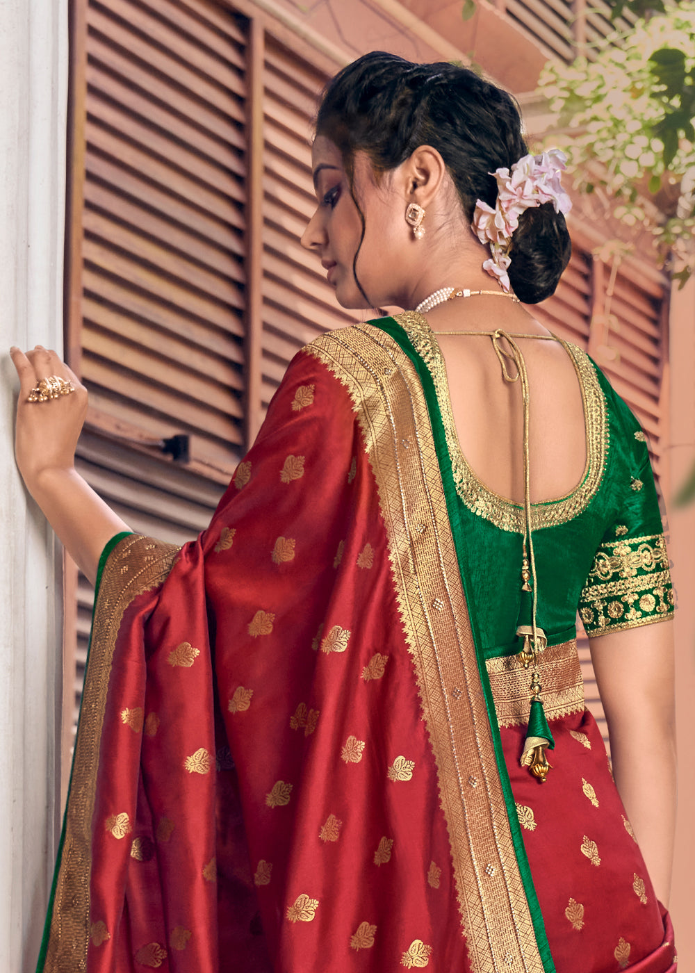 Buy MySilkLove Firebrick Brown and Green Zari Woven Banarasi Brocade Saree Online