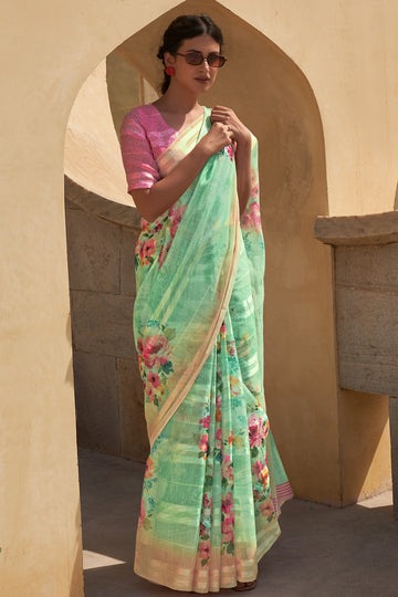 Buy MySilkLove Forest Green and Pink Digital Printed Linen Floral Saree Online