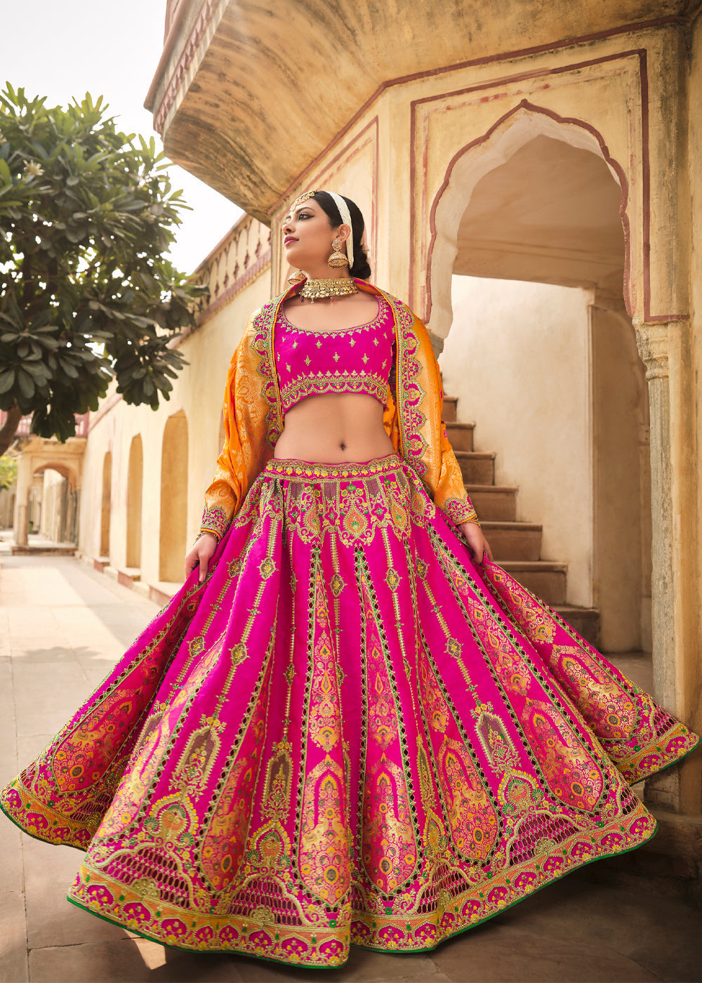 Buy MySilkLove Cranberry Pink and Orange Heavy Embroidered Lehenga Online