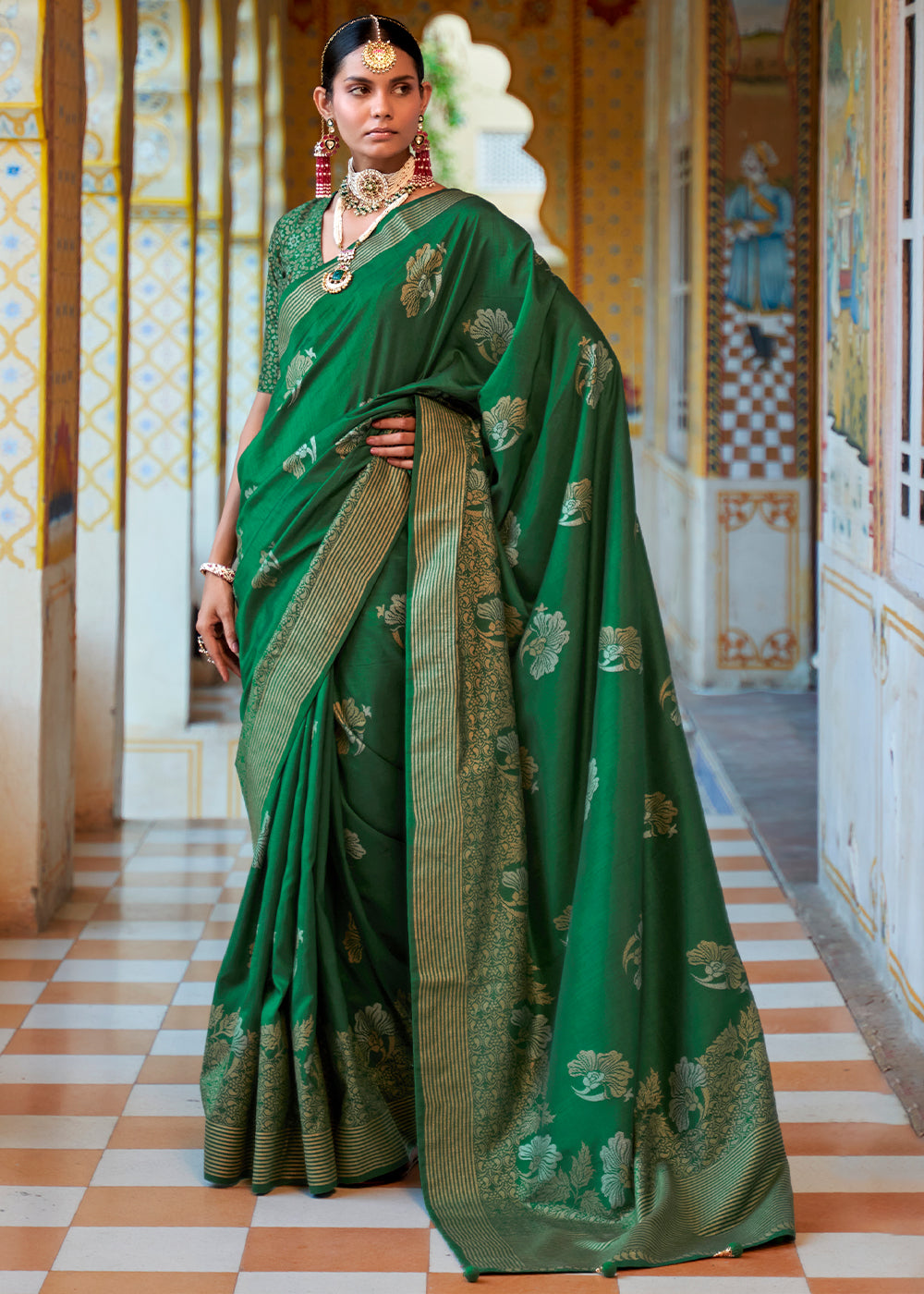 Leather Green Zari Woven Banarasi Saree