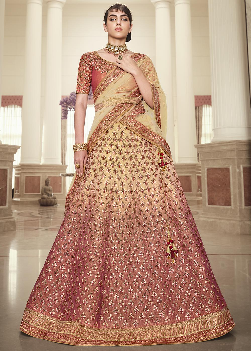 Buy MySilkLove Chocolate Red and Cream Net Designer Lehenga With Heavy Embroidered Work Online