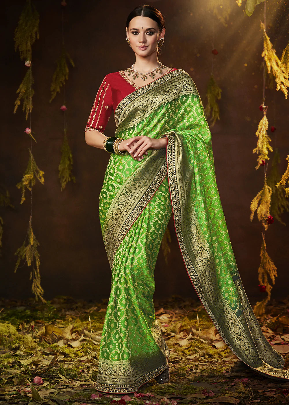 Buy MySilkLove Wild Willow Green Woven Georgette Designer Saree with Embroidered Blouse Online