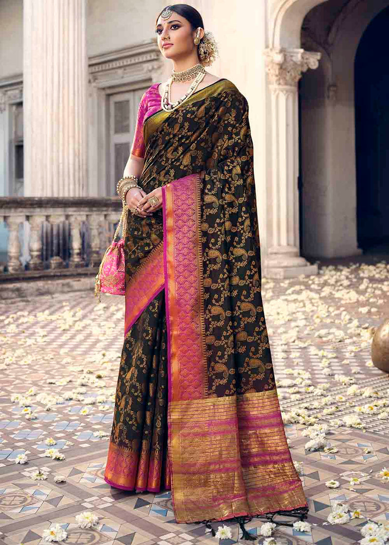 Cinder Black and Pink Zari Woven Banarasi Raw Silk Saree