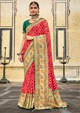 Valencia Red and Green Patola Printed Dola Silk Saree With Embroidered Blouse