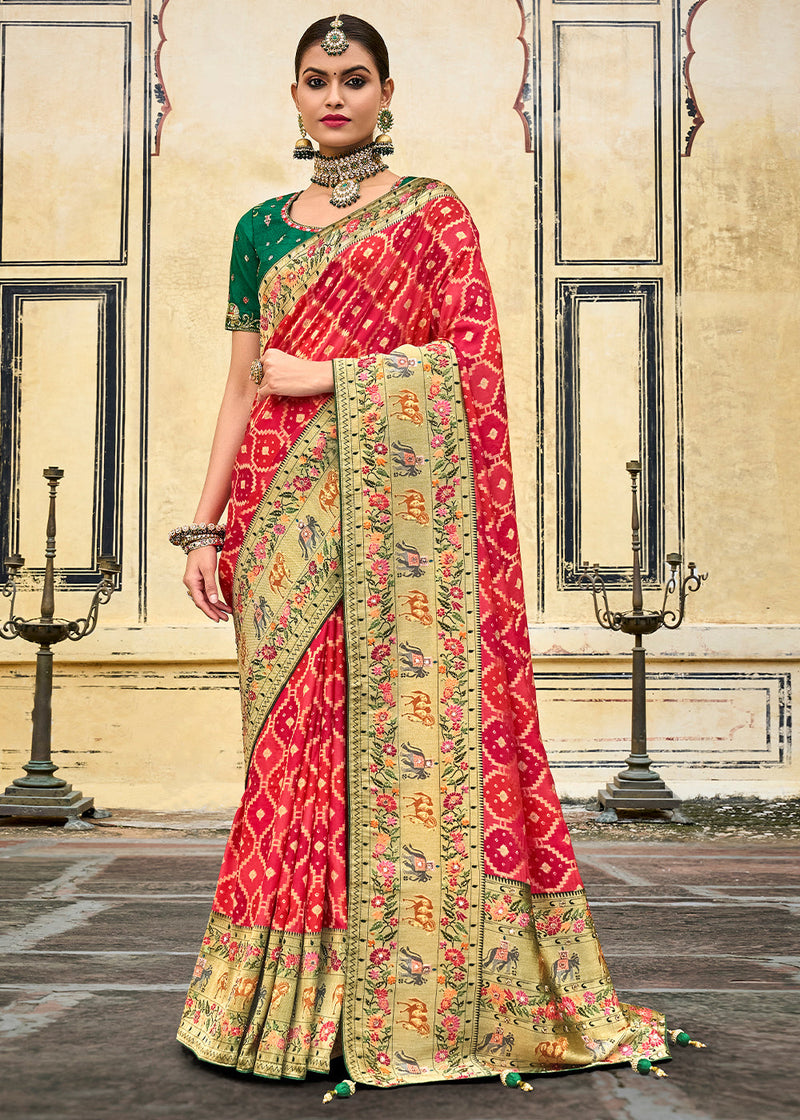 Pretty kanchivaram red saree with contrast green blouse of full zordosi  work | Embroidered blouse designs, Elegant saree, Indian wedding outfits