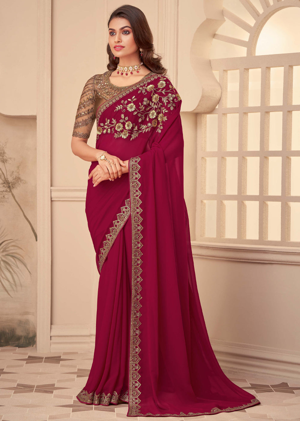 Buy MySilkLove Night Shadz Maroon Georgette Designer Saree with Embroidered Blouse Online