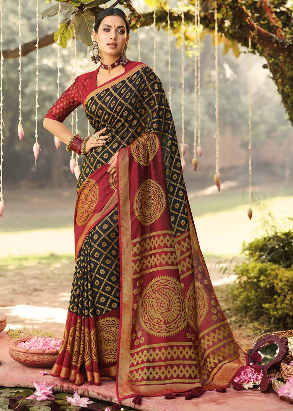 Buy MySilkLove Saddle Black and Brown Soft Brasso Silk Saree Online