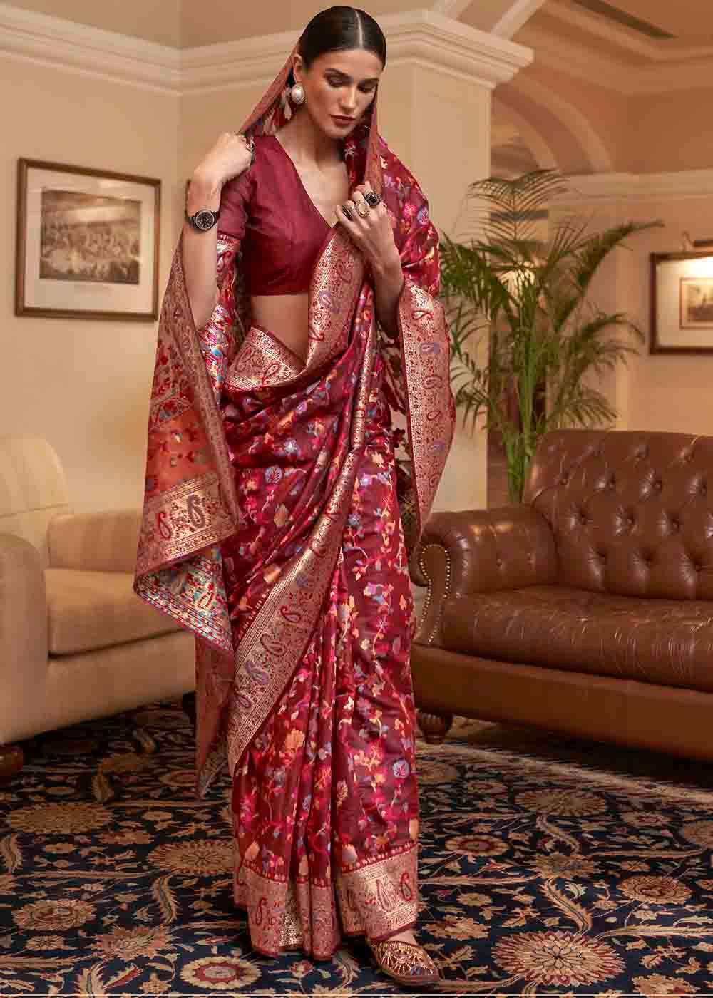 Buy MySilkLove Stiletto Brown Banarasi Jamawar Woven Silk Saree Online