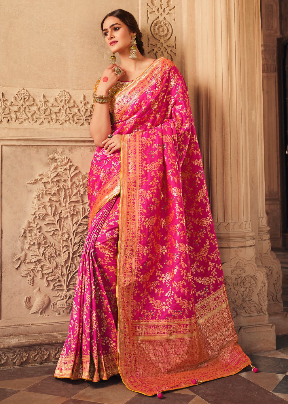 Buy MySilkLove Rose Pink and Yellow Zari Woven Banarasi Saree with Designer Blouse Online