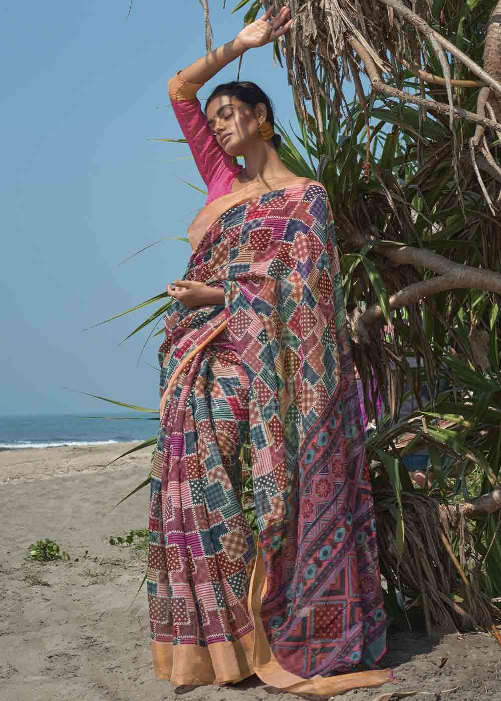 Buy MySilkLove Puce Pink and Blue Printed Cotton Saree Online