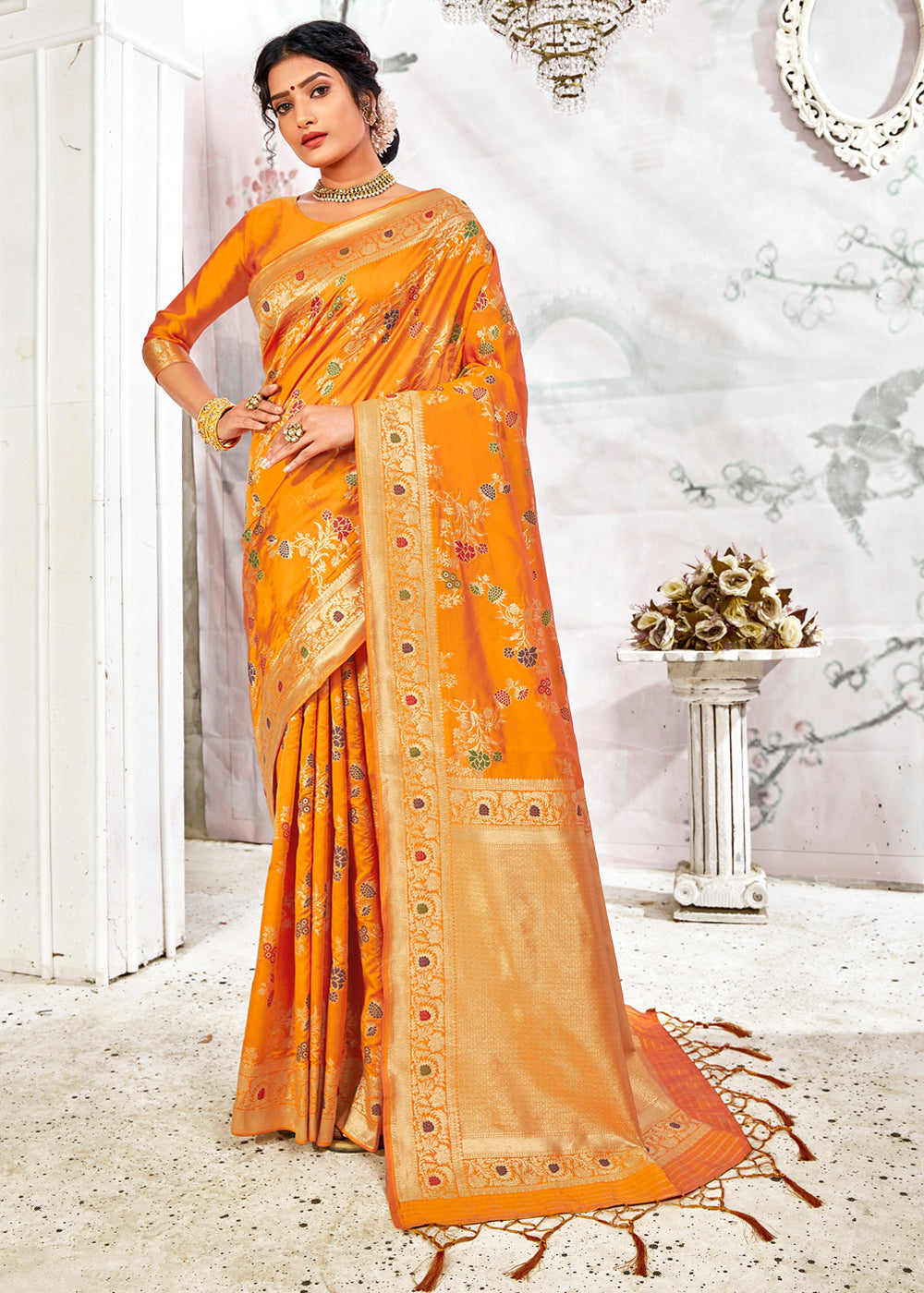 Buy MySilkLove Carrot Orange Zari Woven Banarasi Jamdani Silk Saree Online