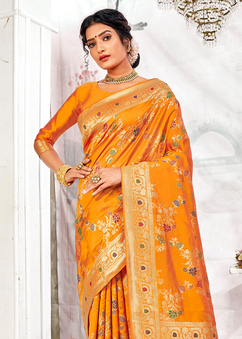 Carrot Orange Zari Woven Banarasi Jamdani Silk Saree