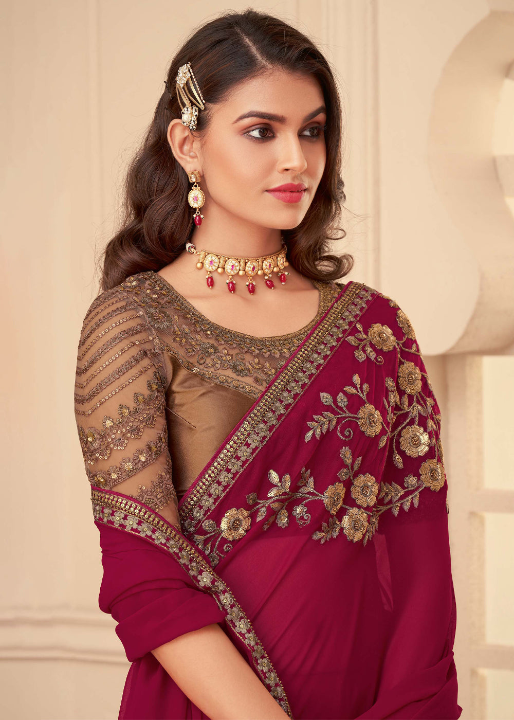 MySilkLove Night Shadz Maroon Georgette Designer Saree with Embroidered Blouse