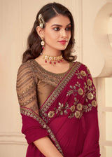 Night Shadz Maroon Georgette Designer Saree with Embroidered Blouse