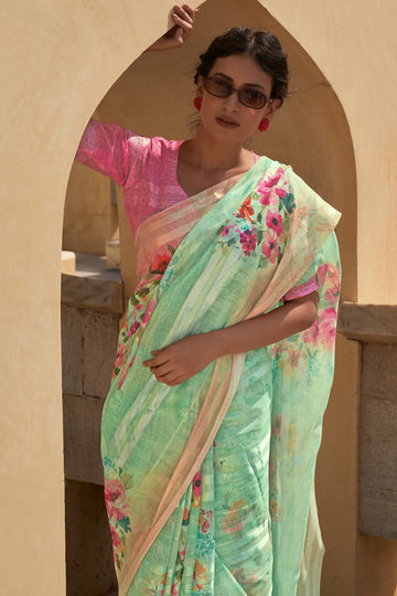 Buy MySilkLove Forest Green and Pink Digital Printed Linen Floral Saree Online