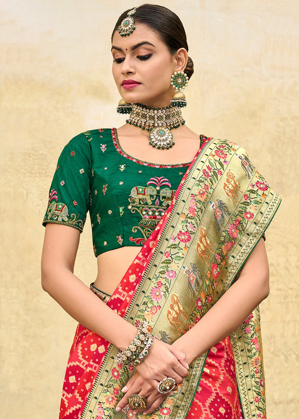 Buy MySilkLove Valencia Red and Green Patola Printed Dola Silk Saree With Embroidered Blouse Online