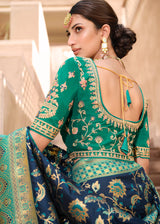 Cinder Blue and Green Woven Designer Banarasi Silk Saree