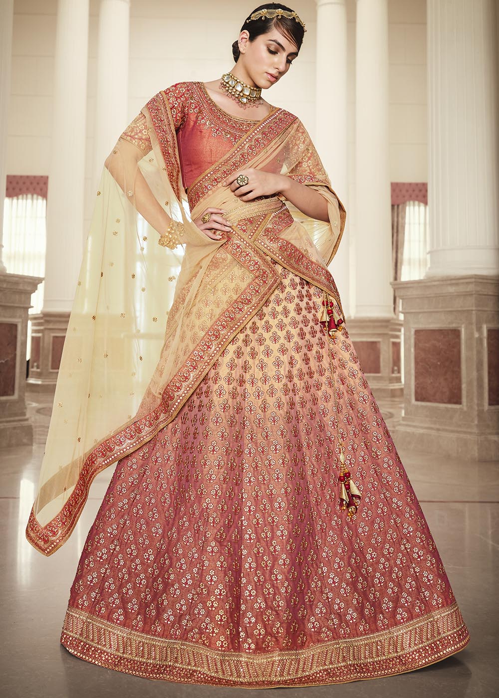 Buy MySilkLove Chocolate Red and Cream Net Designer Lehenga With Heavy Embroidered Work Online