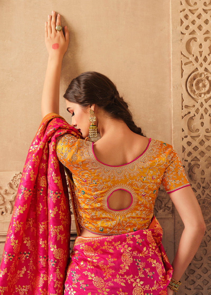 Rose Pink and Yellow Zari Woven Banarasi Saree with Designer Blouse
