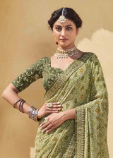 Olive Green Patola Print Georgette Saree With Embroidered Blouse