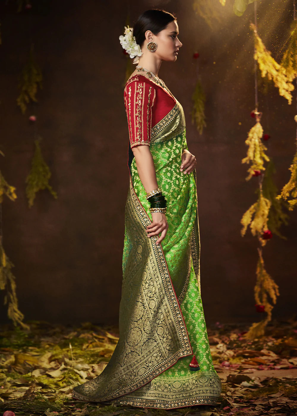 MySilkLove Wild Willow Green Woven Georgette Designer Saree with Embroidered Blouse