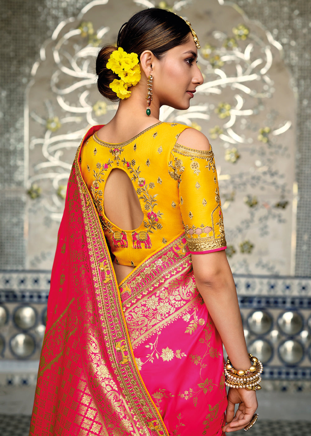 MySilkLove Canary Yellow & Pink Zari Woven Designer Banarasi Saree