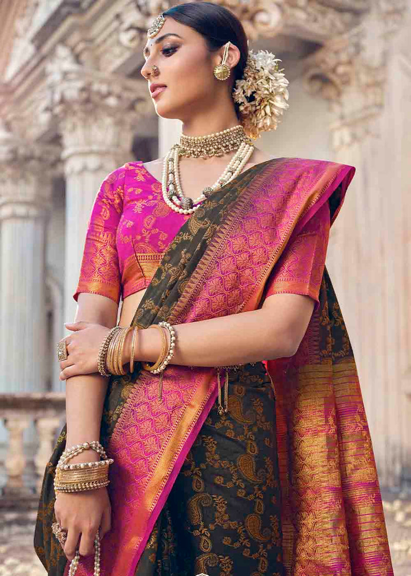 Cinder Black and Pink Zari Woven Banarasi Raw Silk Saree