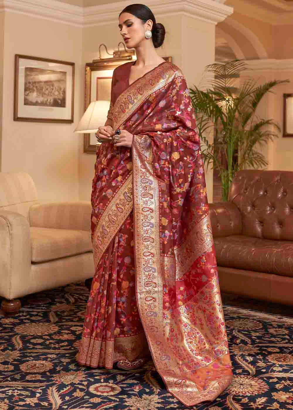 Buy MySilkLove Stiletto Brown Banarasi Jamawar Woven Silk Saree Online