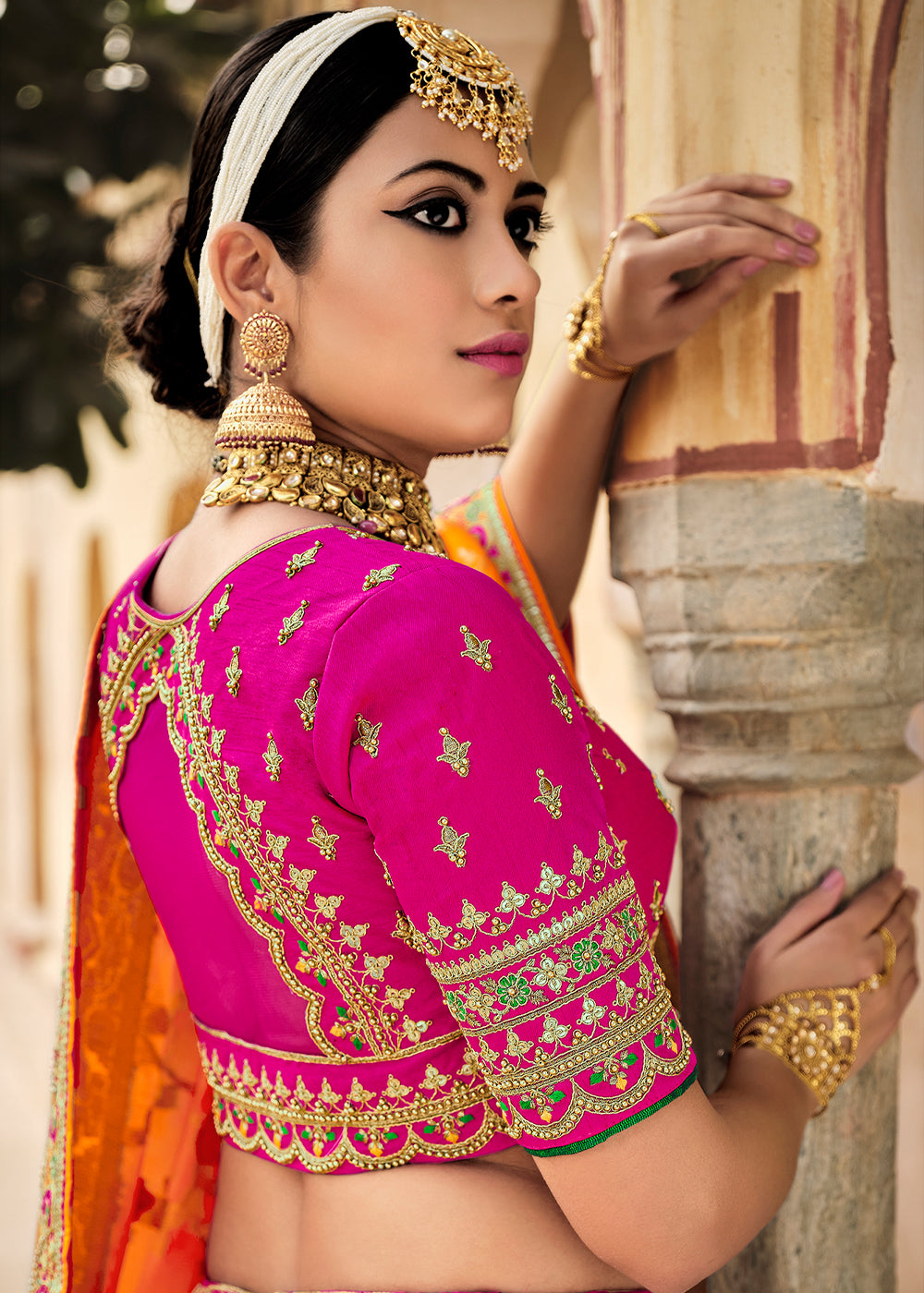 Buy MySilkLove Cranberry Pink and Orange Heavy Embroidered Lehenga Online