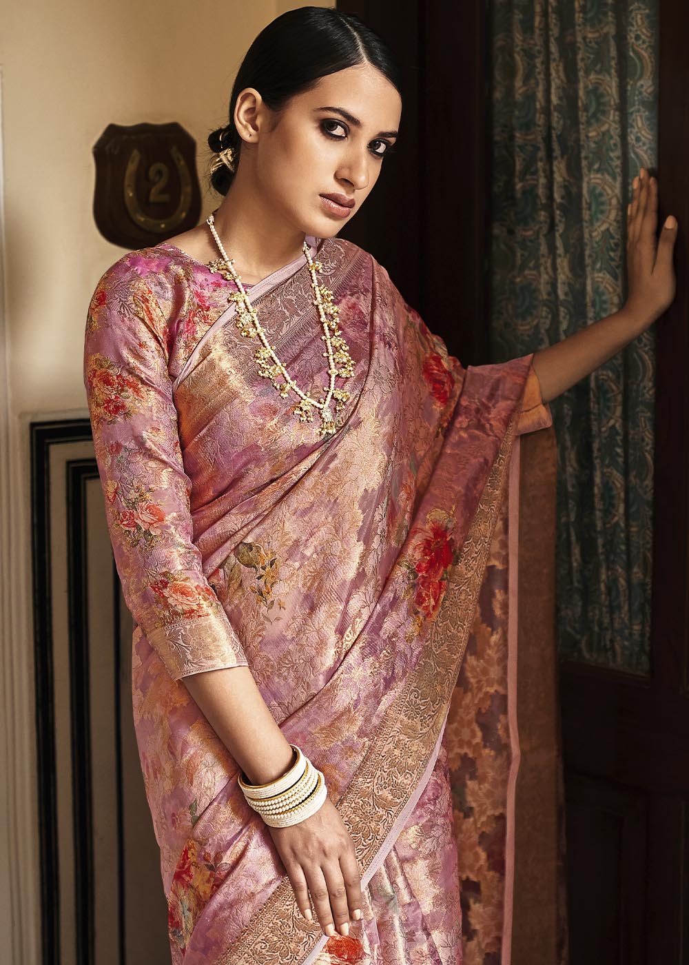 Buy MySilkLove Burning Sand Pink Digital Printed Brasso Saree Online