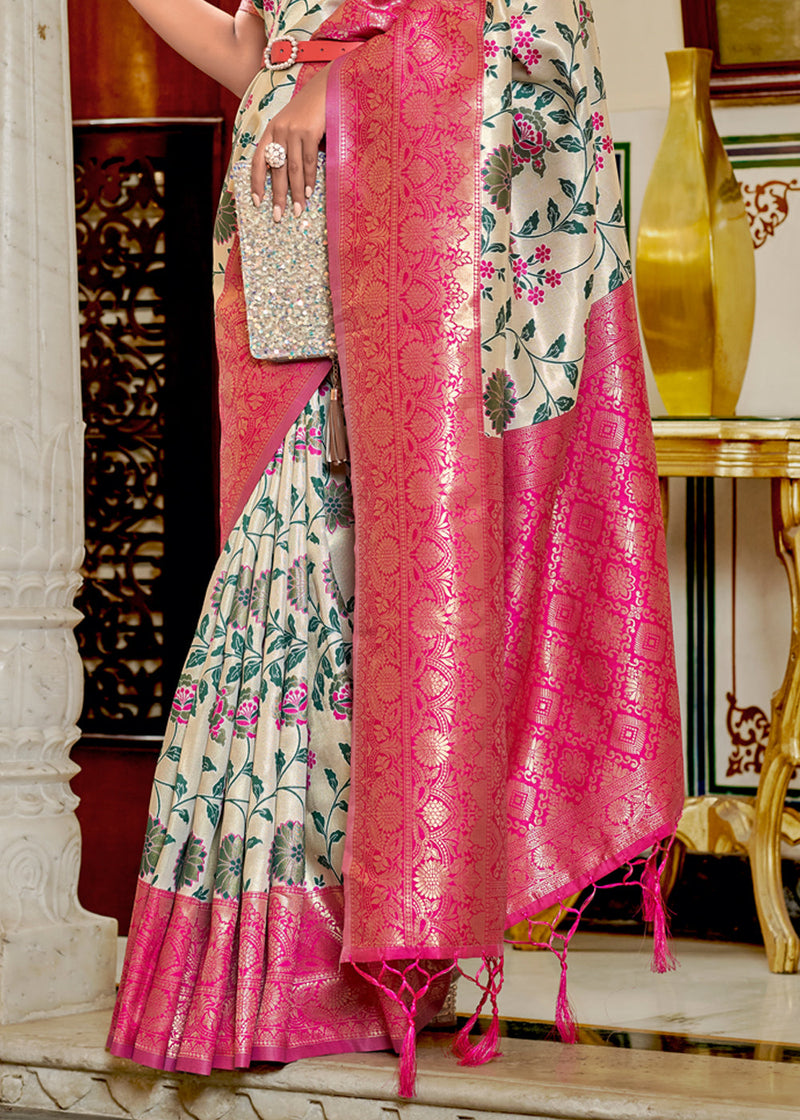 Beryl Cream and Pink Woven Banarasi Silk Saree – MySilkLove