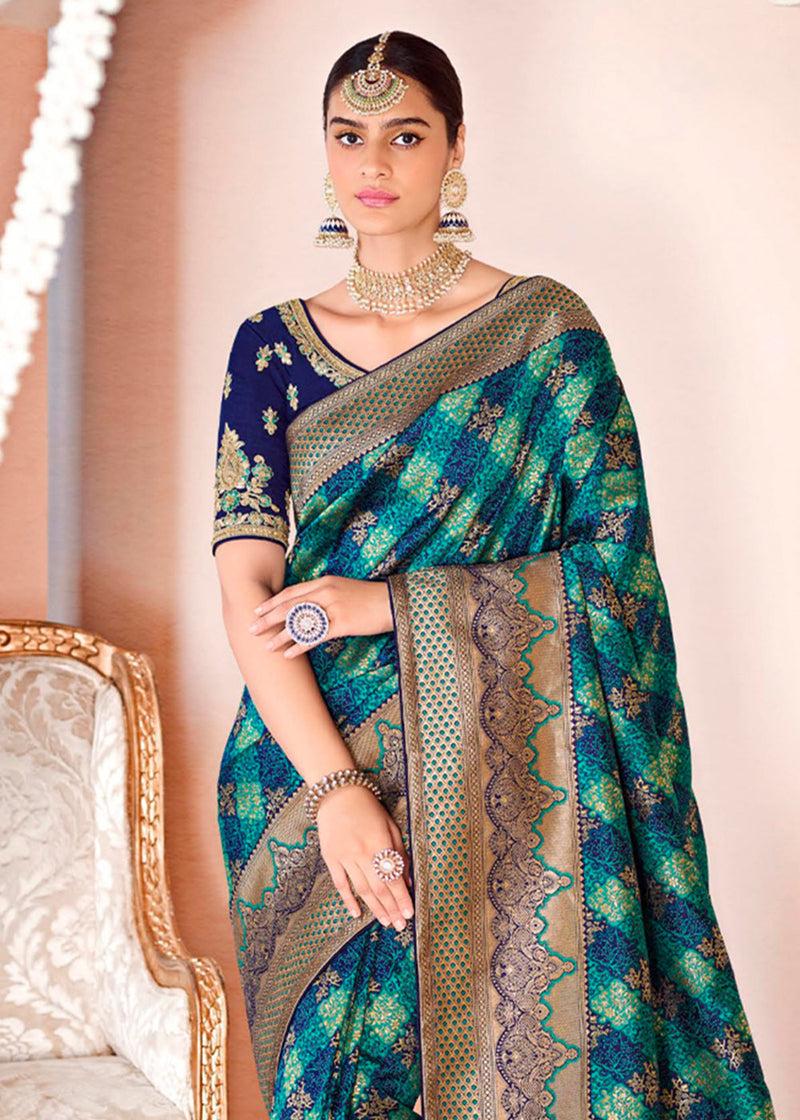 Emerald Green and Blue Zari Woven Banarasi Saree with Designer Blouse