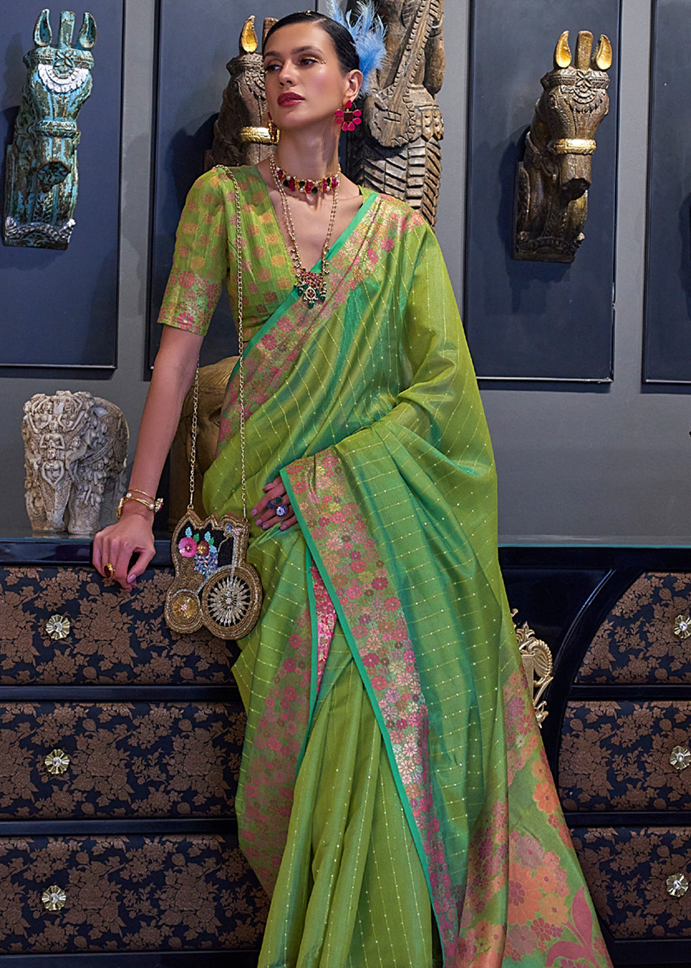 Buy MySilkLove Olivine Green Woven Dual Tone Organza Banarasi Silk Saree Online