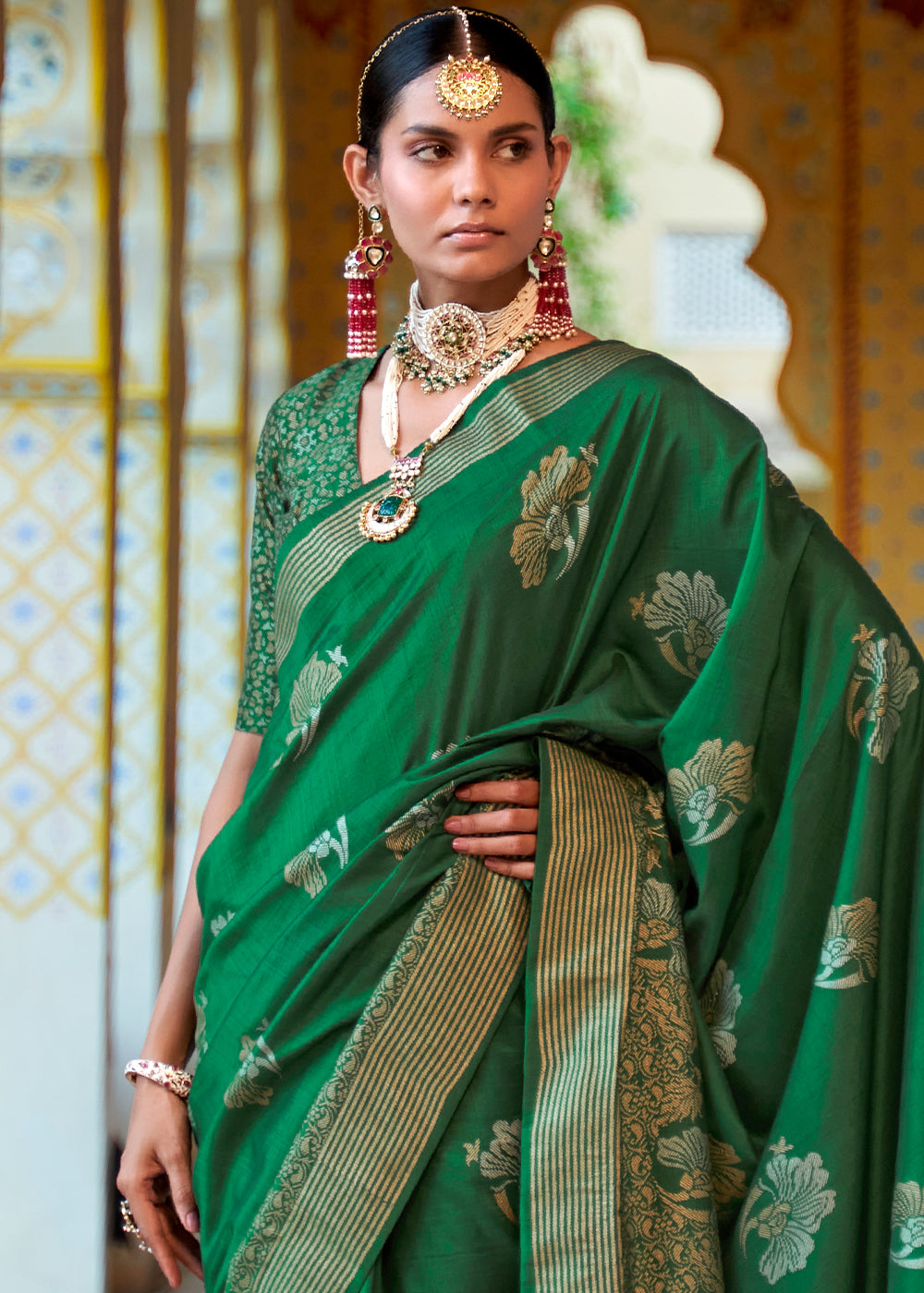 Leather Green Zari Woven Banarasi Saree